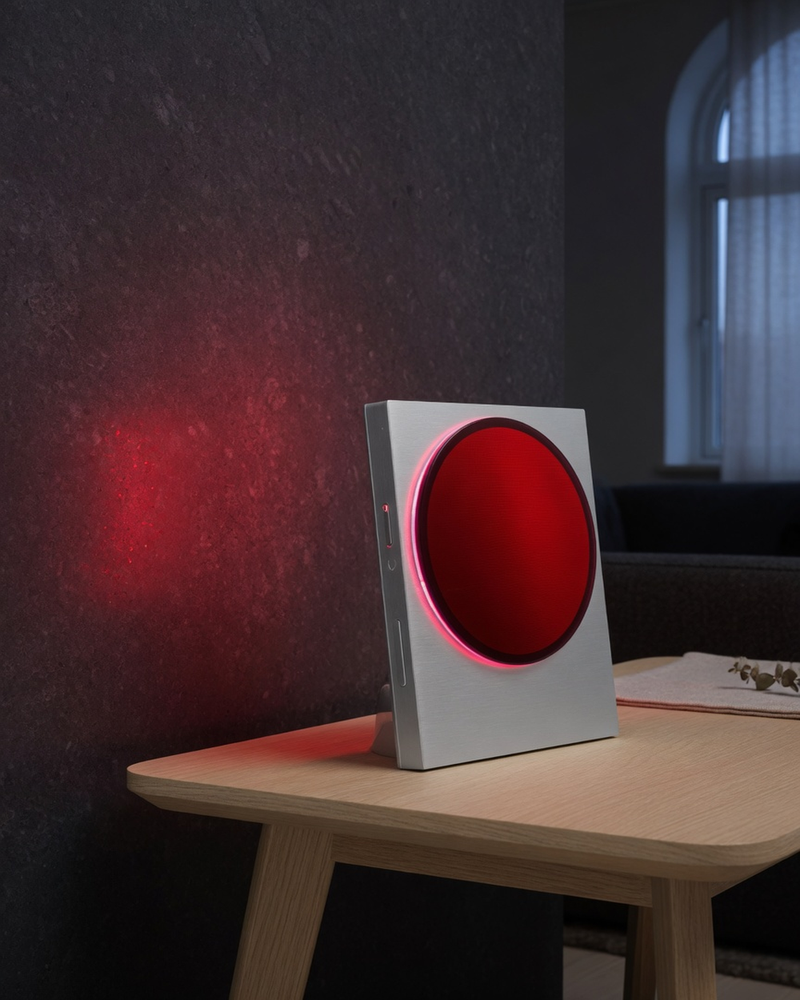 Red Light Healer — 660 nm OLED panel on a side table, brushed aluminium body